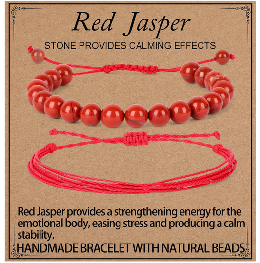LPBeads 8mm Red Jasper Bracelet with Handmade Rope Bracelet Size Adjustable Natural Stone Crystal Healing Bracelets Gifts for Unisex Adults