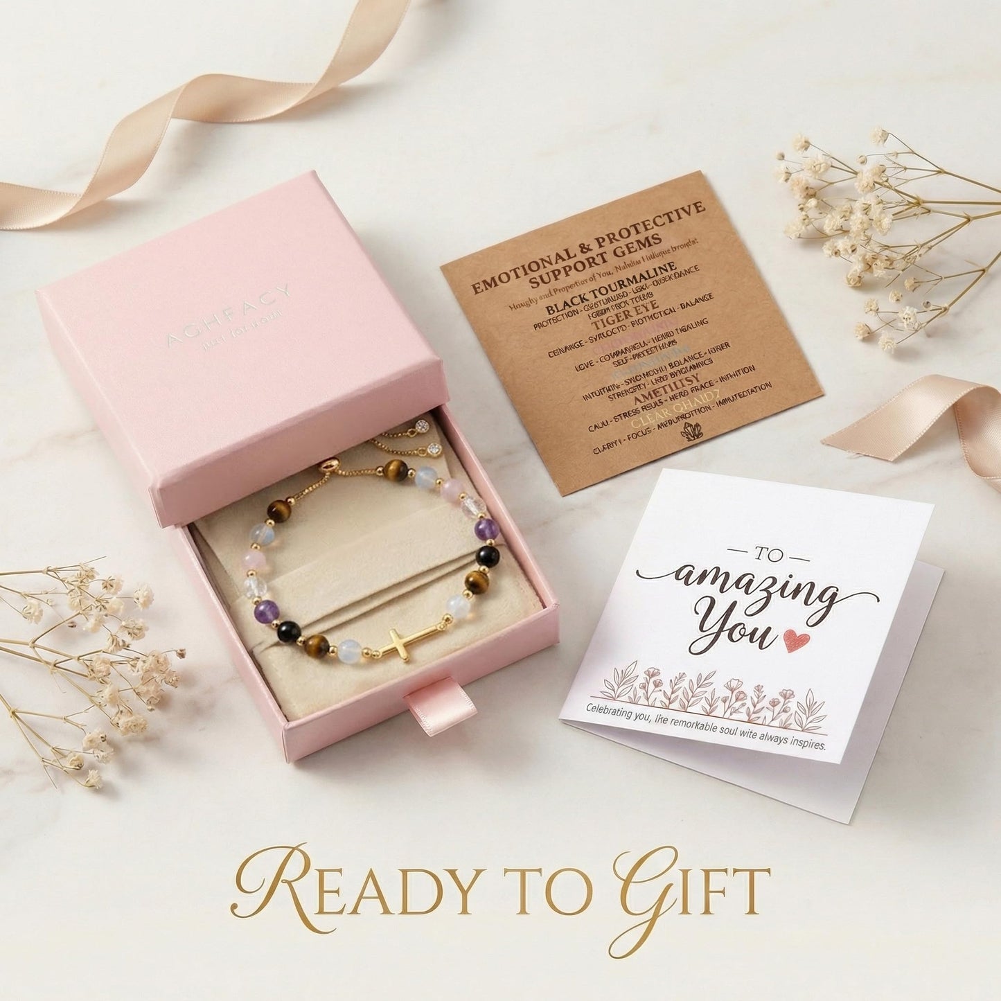 Aghfacy Encouragement Gifts for Women Cross Bracelet Natural Gemstone Crystal Bracelet Gold Cross Charm Christian Encouragement Gift Inspirational Gifts for Women Adjustable with Message Card