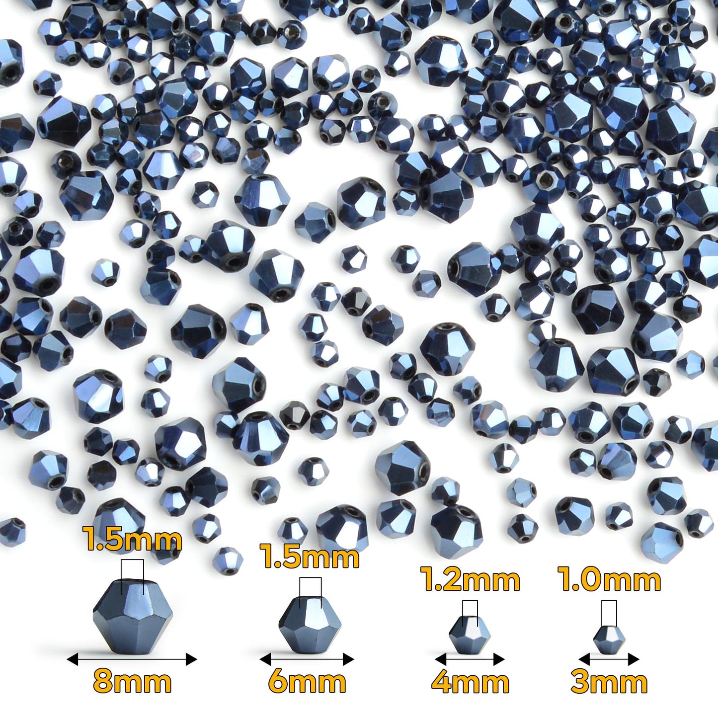 1550PCS Bicone Crystal Glass Beads Set for Jewelry Making, 3mm 4mm 6mm 8mm Sparkling Faceted Beads Sorted by Size for Bracelets, Necklaces, Suncatchers & DIY Crafts(Navy Blue)