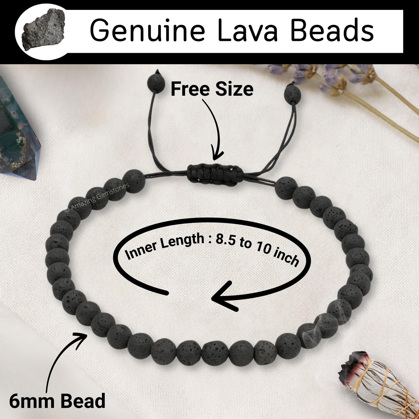 Amazing Gemstone Lava Stone Anklet Ankle Bracelets for Women - Waterproof Beaded Healing Crystal Anklets, Plus Size Chakra Gemstone Bead Anklet (Stretchy Adjustable - Plain)