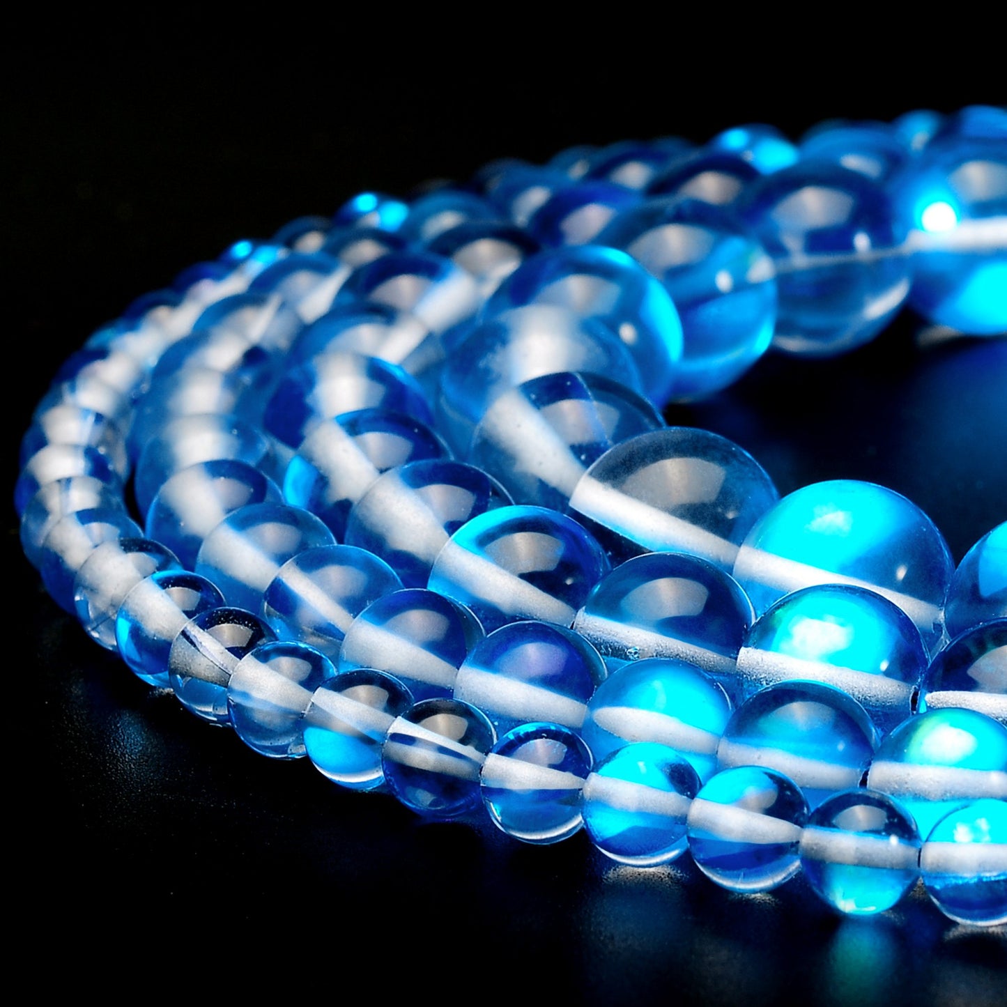 RUBYCA Round Moonstone Crystal Glass Beads Aura Iridescent for Jewelry Making (1 Strand, 8mm, Blue)