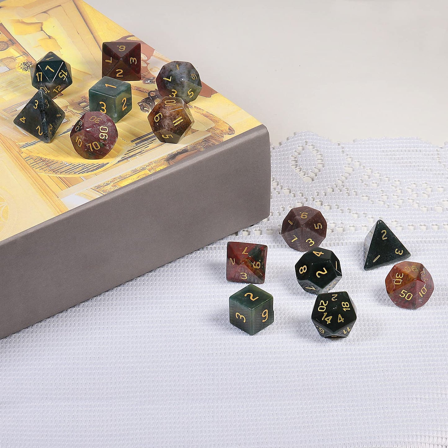 mookaitedecor 7 PCS Indian Agate Crystal Polyhedral DND Dice Set, Polished Tumbled Stones Dices for RPG MTG Table Games Home Decoration
