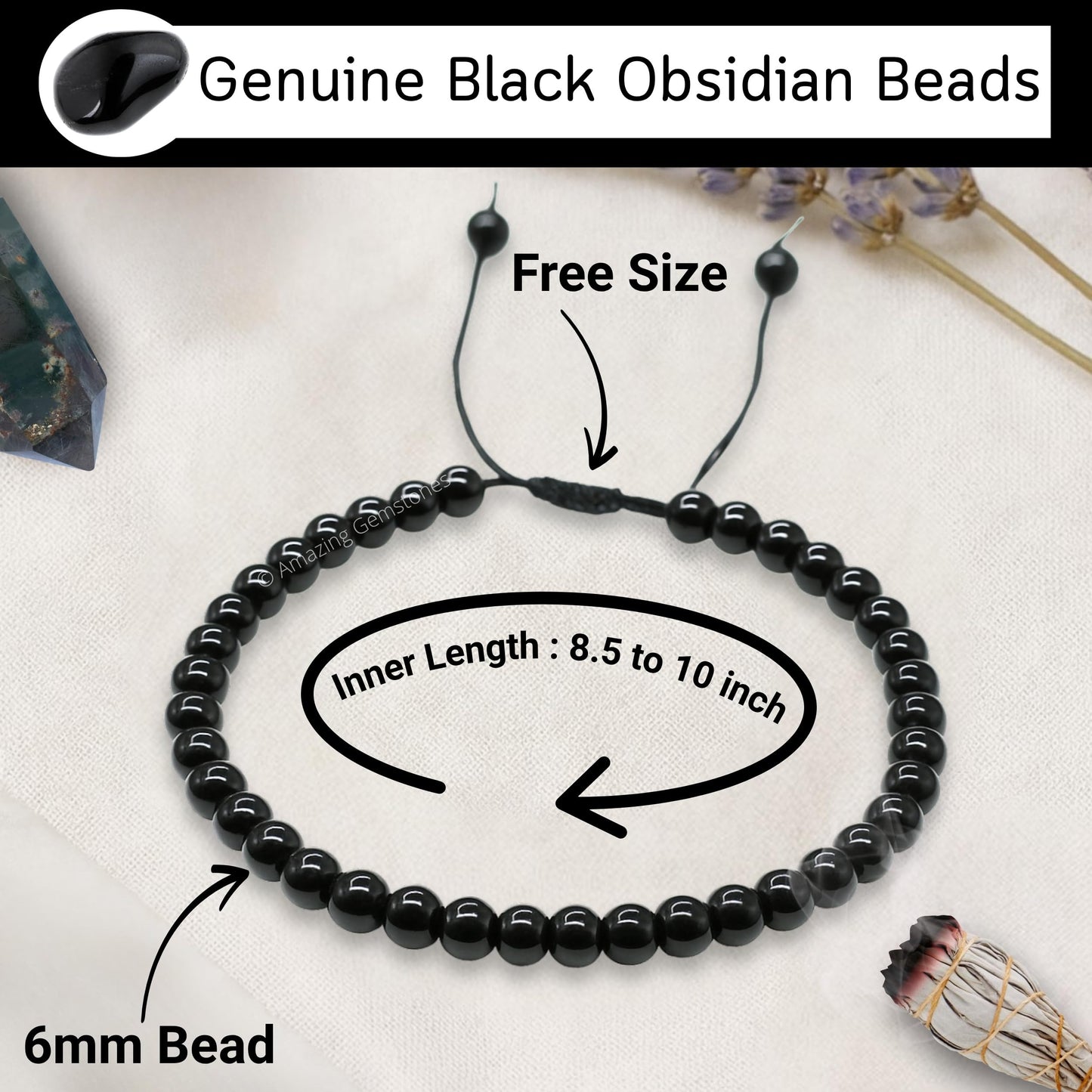 Amazing Gemstone Black Obsidian Anklet Ankle Bracelets for Women - Waterproof Beaded Healing Crystal Anklets, Plus Size Chakra Gemstone Bead Anklet (Stretchy Adjustable - Plain)
