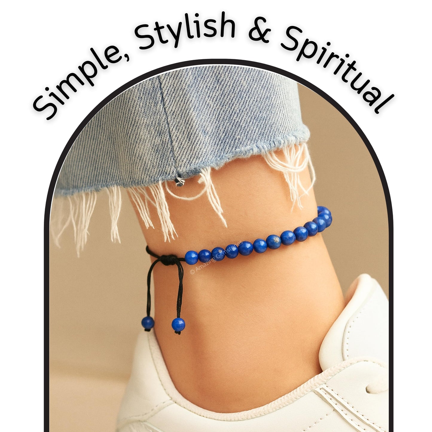 Amazing Gemstone Lapis Lazuli Anklet Ankle Bracelets for Women - Waterproof Beaded Healing Crystal Anklets, Plus Size Chakra Gemstone Bead Anklet (Stretchy Adjustable - Plain)