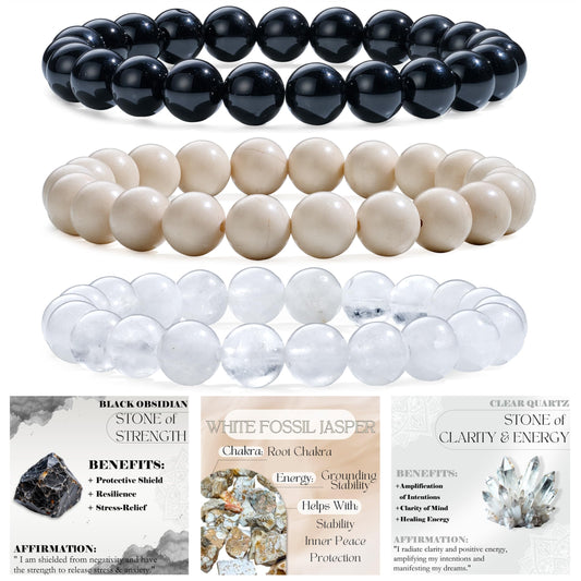 Bivei 3-Piece 8mm Beaded Bracelets for Women – Black Obsidian, White Fossil Jasper, Clear Quartz – Handmade Natural Crystal Stretch Elastic Jewelry for Meditation, Yoga, Protection Gifts