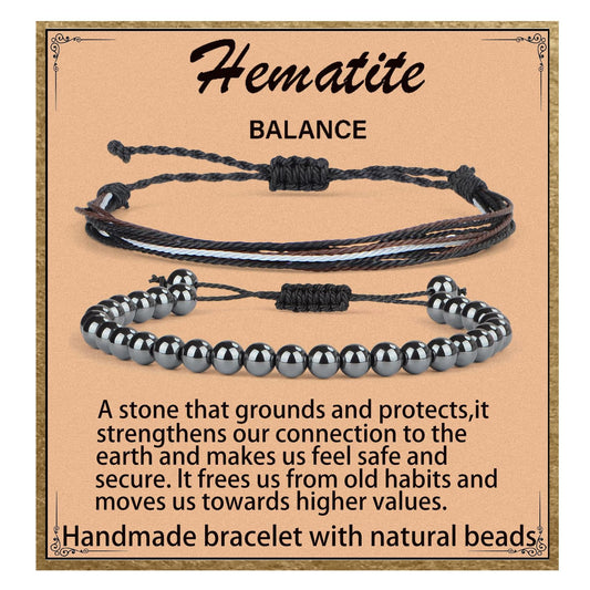 LPBeads 6mm Hematite Bracelet with Handmade Rope Bracelet Size Adjustable Natural Stone Crystal Healing Bracelets Gifts for Unisex Adults