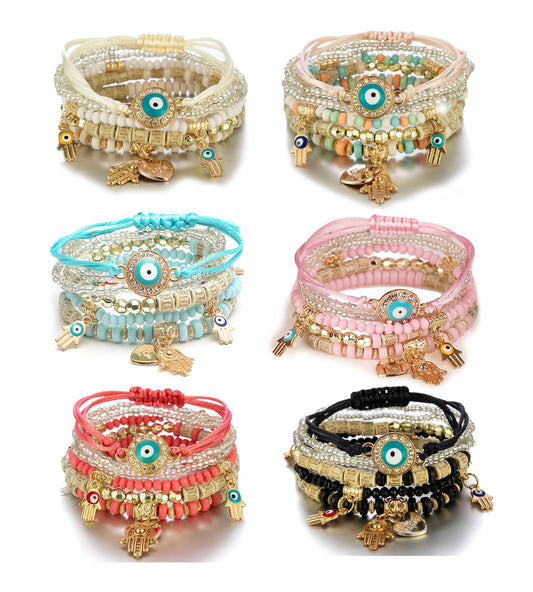 MILACOLATO Bohemian Bead Bracelets Set, Multilayer Evil Eye Stackable Bracelets, Comfort-Fit Stretch Bracelets for Women 6 Sets