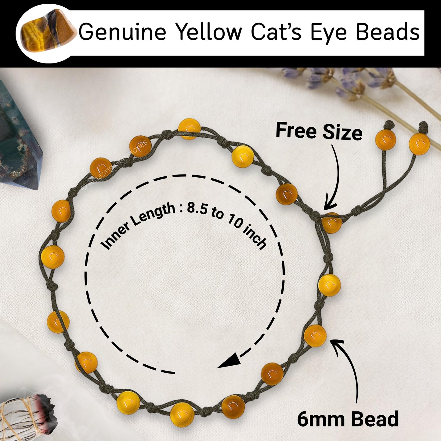 Amazing Gemstone Yellow Cat's Eye Anklet Ankle Bracelets for Women - Waterproof Beaded Healing Crystal Anklets, Plus Size Chakra Gemstone Bead Anklet (Stretchy Adjustable - Hand Knotted)