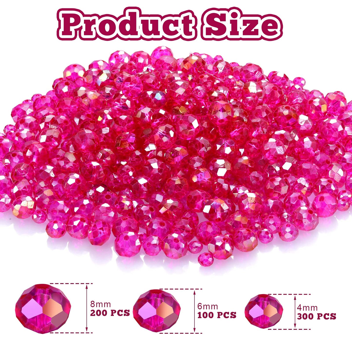 WILLBOND 600 Pcs Crystal Glass Beads for Jewelry Making Bulk Suncatcher Faceted Rondelle Loose Gemstone for Valentine's Day, Irish Holiday, Easter Bracelet DIY Crafts 8mm, 6mm, 4mm(Hot Pink)
