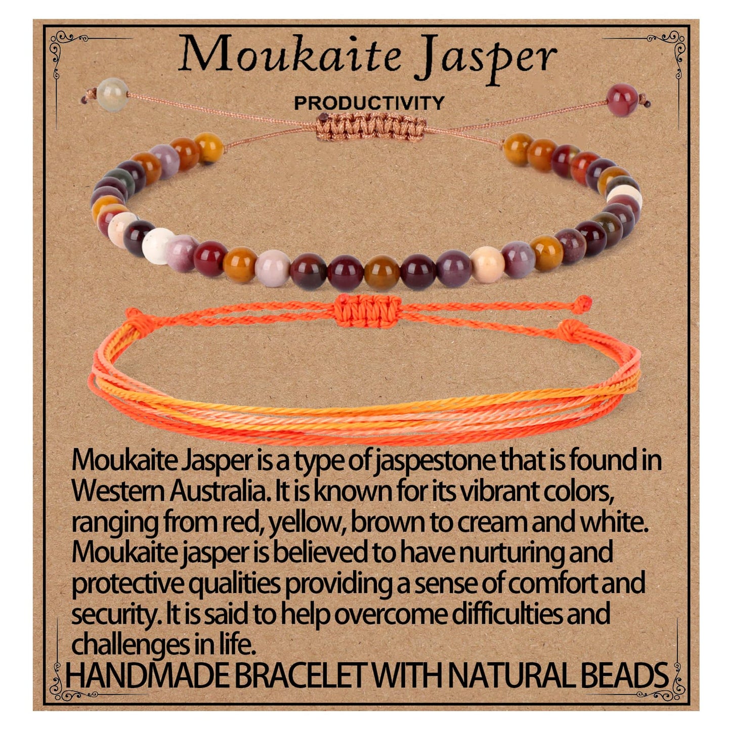 LPBeads 4mm Moukaite Jasper Bracelet with Handmade Rope Bracelet Size Adjustable Natural Stone Crystal Healing Bracelets Gifts for Unisex Adults