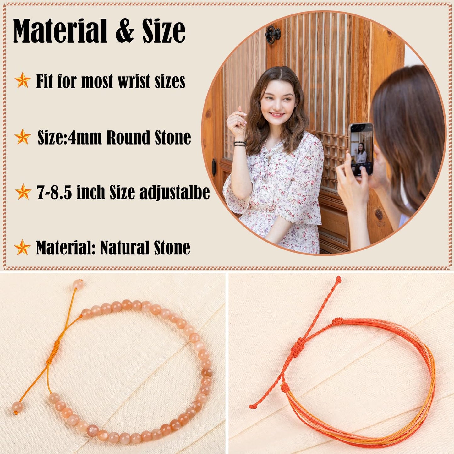 LPBeads 4mm SunStone Bracelet with Handmade Rope Bracelet Size Adjustable Natural Stone Crystal Healing Bracelets Gifts for Unisex Adults