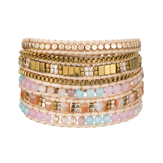Plumiss Women Boho 5 Wraps Stone Crystal Bracelets Handmade Beaded Statement Stainless Steel Box Chain Bracelet Jewelry