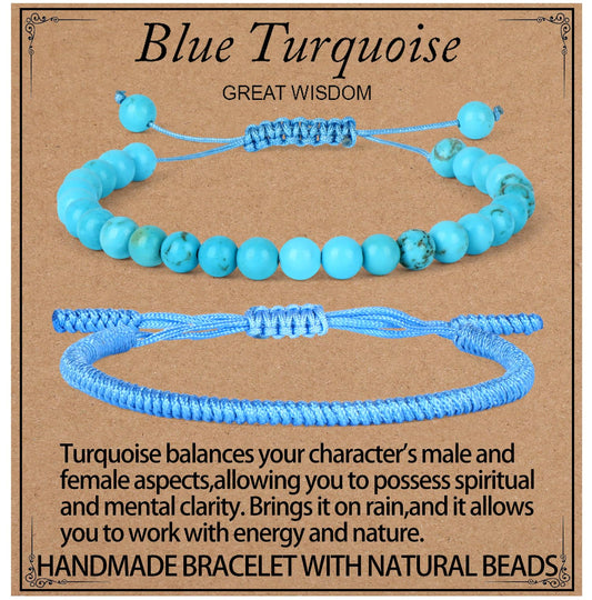 LPBeads 6mm Blue Turquoise Bracelet with Handmade Rope Bracelet Size Adjustable Stone Crystal Healing Bracelets Gifts for Unisex Adults