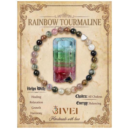 Bivei 6mm Rainbow tourmaline Crystal Stretch Bracelets for Women, Handmade Natural Stone Beaded Bracelet, Yoga Protection Jewelry Gift