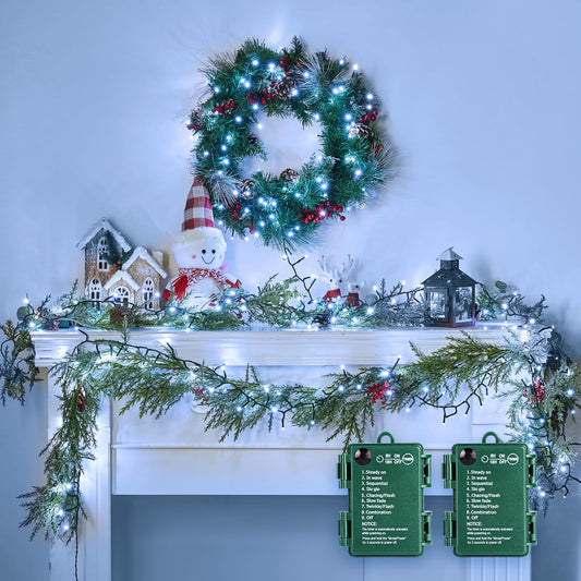 Minetom Christmas Cluster Lights, 10Ft 120 LED, Battery Operated, Waterproof, Cool White, 2 Pack, Model BPD-LUO-DCH-120D