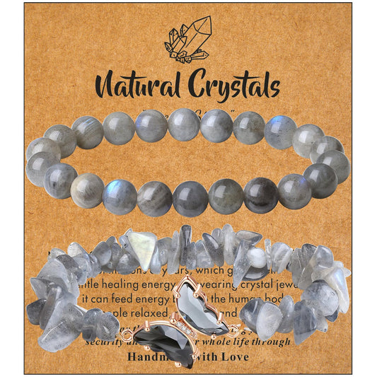 DUQGUHO 2Pcs Butterfly Bracelets for Women Grey Moonstone Bracelet Gift for Women Healing Crystal Bracelet Natural Gemstone Stretchable Jewelry 8mm Crystal Beaded Bracelet Gift for Birthday