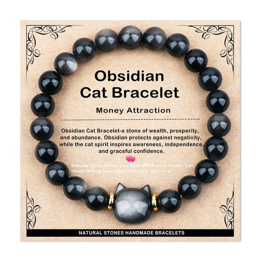 AD Beads 8mm Handmade Obsidian Cat Bracelet Elastic Bracelet – Natural Gemstone for Money Attraction – Meditation, Yoga, Healing and Energy Gift for Men Women