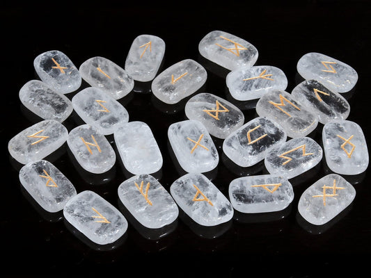 Crocon Clear Quartz Rectangle Shape Gemstone Runes with Elder Futhark Alphabet Engraved 25 pcs Rune Set Crystal Divination Metaphysical Healing Chakra Reiki Runes Set with a Pouch| Size : 20-25mm