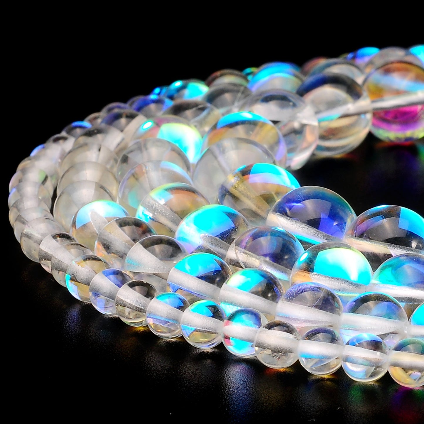 RUBYCA Round Moonstone Crystal Glass Beads Aura Iridescent for Jewelry Making (1 Strand, 10mm, White)