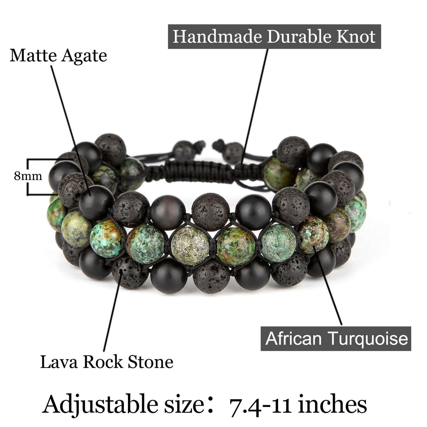 Bivei 8mm Natural Lava Rock Stone Bracelets for Men, Healing Crystal Essential Oil Diffuser Beads Bracelet Chakra Yoga Energy Anxiety Gemstone Bracelet - 3 Layer