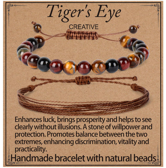 LPBeads 8mm Multicolor Tiger's Eye Bracelet with Handmade Rope Bracelet Size Adjustable Natural Stone Crystal Healing Bracelets Gifts for Unisex Adults