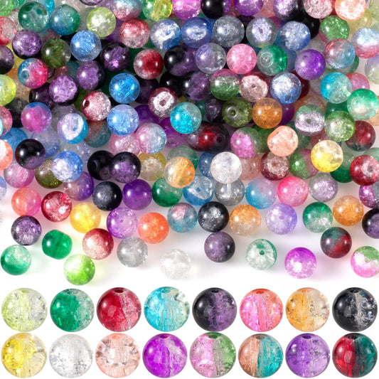 VARMDUKKE 200Pcs 8mm Colored Crackle Glass Beads, Round Crystal Beads for Jewelry Making, Iridescent Spacer Beads for Necklace Bracelet DIY Crafts - Mixed Color
