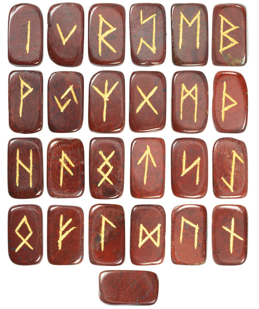 Crocon Red Jasper Rectangle Shape Gemstone Runes with Elder Futhark Alphabet Engraved 25 pcs Rune Set Crystal Divination Metaphysical Healing Balancing Chakra Reiki Runes with a Pouch| Size : 20-25mm