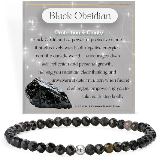 Farfume Black Obsidian - Protection & Clarity - Beaded Bracelets for Women,Handmade Natural Stone 4mm Beads 925 Sterling Silver Stretch Bracelets, Chakra Crystal Gemstone Jewelry Gifts for Mom