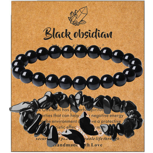 DUQGUHO 2Pcs Black Butterfly Bracelets for Women Obsidian Bracelets Gifts for Women Healing Crystal Bracelet Natural Gemstone Stretchable Jewelry 8mm Black Crystal Beaded Bracelet Gift for Birthday