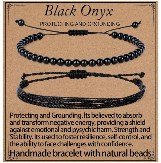 LPBeads 4mm Black Onyx Bracelet with Handmade Rope Bracelet Size Adjustable Natural Stone Crystal Healing Bracelets Gifts for Unisex Adults