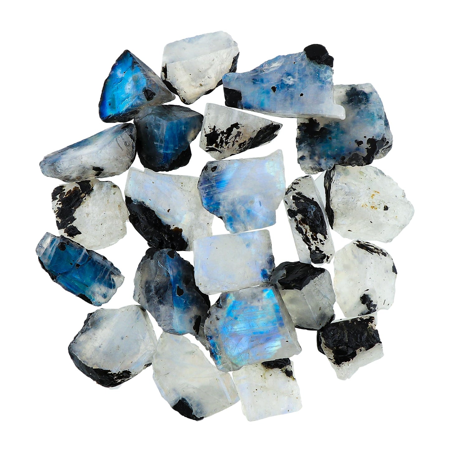 Gemkora 50 ct. Natural Blue Flash Raw Tourmilated Moonstone Crystal Rough Gemstone, Rock, Jewelry Making Supplies, Chakra Healing, Meditation, Art-DIY Stone, (8 to 10pcs) (10-15mm)