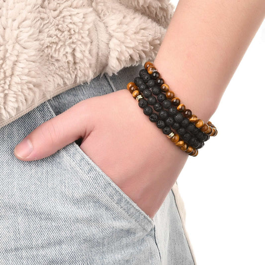 FASHEWELRY Mala Yoga Men Bracelet Making Kit - 220pcs Natural Gemstone Lava Rock Tiger Eye Beads Healing Crystal Chakra Stone Beads with Black Nylon String for Essential Oil Diffuser Jewelry Making