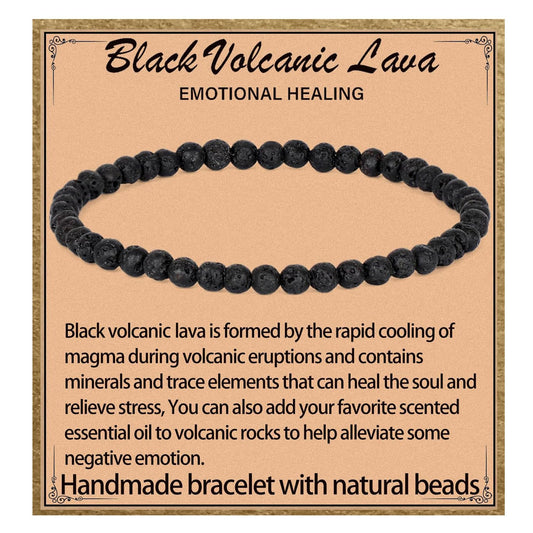 LPBeads Handmade Natural Gemstone Stretch Elastic 4mm Black Lava Bracelet Healing Crystal Round Stone Beads Jewelry Gifts for Women Men