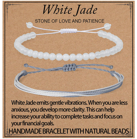 LPBeads 4mm White Jade Bracelet with Handmade Rope Bracelet Size Adjustable Natural Stone Crystal Healing Bracelets Gifts for Unisex Adults