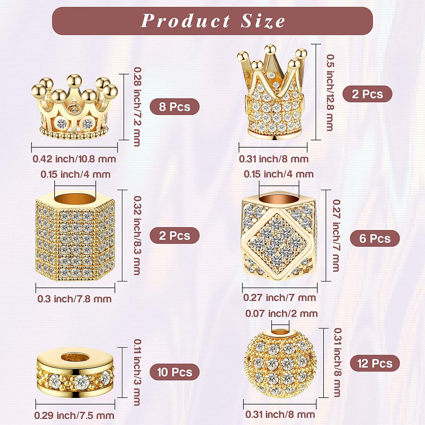 40 Pieces King Crown Charms 8mm Round Rhinestone Beads Hexagon Big Hole Spacer Beads Bracelet Connector for DIY Xmas Jewelry Crafts Making (Gold with White Zircon)