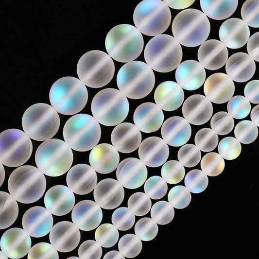 Matte White Aurora Crystal Glass Beads, 10MM Frosted Glitter Shining Mermaid Round Loose Beads, Rainbow Holographic Synthetic Moonstone for Jewelry Making DIY Bracelet
