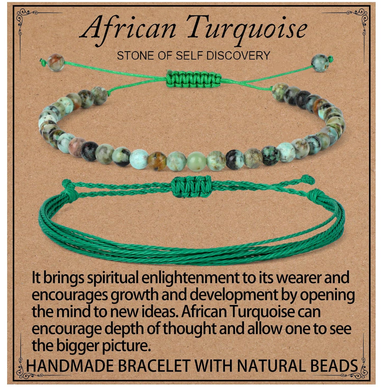 LPBeads 4mm African Turquoise Bracelet with Handmade Rope Bracelet Size Adjustable Natural Stone Crystal Healing Bracelets Gifts for Unisex Adults