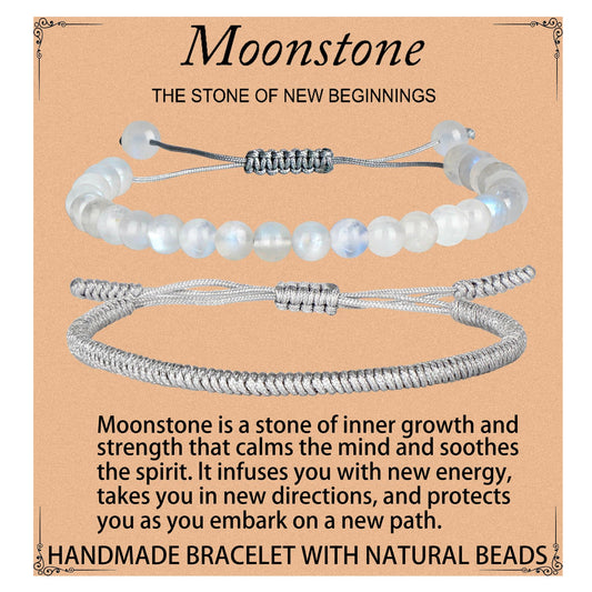 LPBeads 6mm White MoonStone Bracelet with Handmade Rope Bracelet Size Adjustable Natural Stone Crystal Healing Bracelets Gifts for Unisex Adults