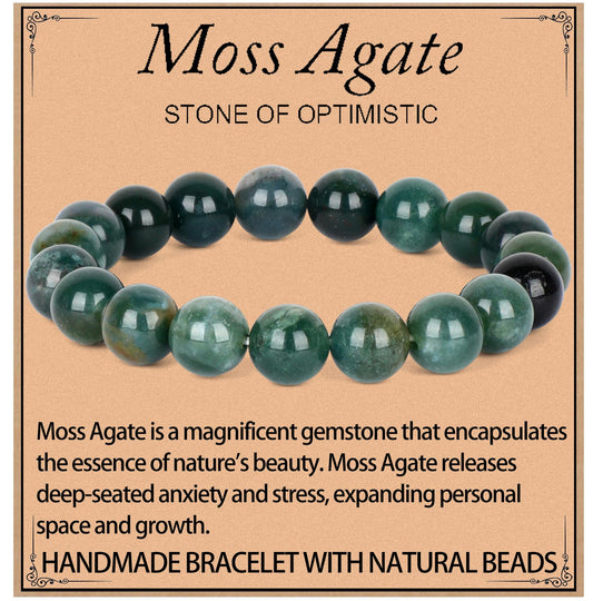 LPBeads Handmade Natural Gemstone Stretch Elastic 10mm Moss Agate Bracelet Healing Crystal Round Stone Beads Jewelry Gifts for Women Men