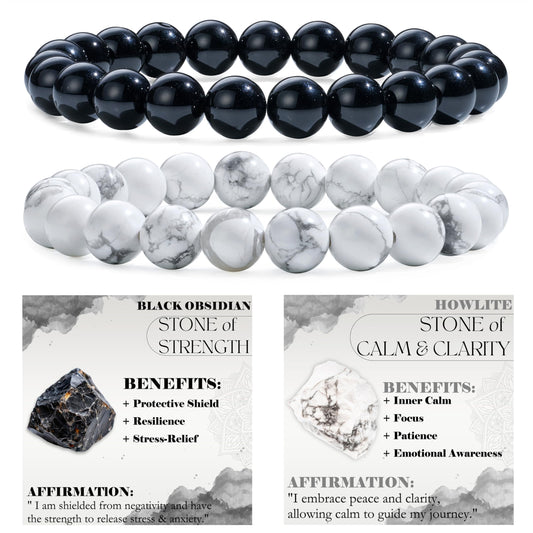 Bivei 2-Piece 8mm Beaded Bracelets for Women – Black Obsidian, Howlite – Handmade Natural Crystal Stretch Elastic Jewelry for Meditation, Yoga, Protection Gifts