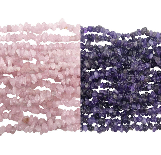 Fekuar 64" Irregular Tumbled Amethyst & Rose Quartz Chip Beads for Jewelry Making, Healing Crystal Drilled Loose Bead Strand DIY Craft Supplies, 5-8mm