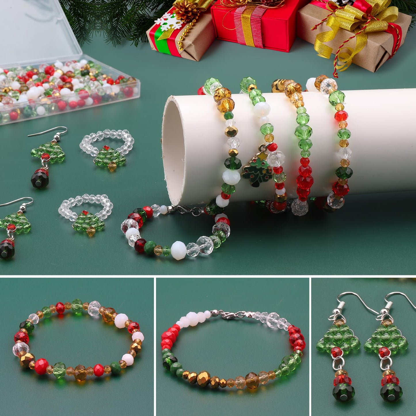 KINGSHINE 1000pcs Christmas Glass Beads for Jewelry Making Briolette Rondelle Beads Assorted Crystal Beads Loose Spacer Bead for DIY Crafts Bracelets Necklaces Earrings and Christmas Decorations