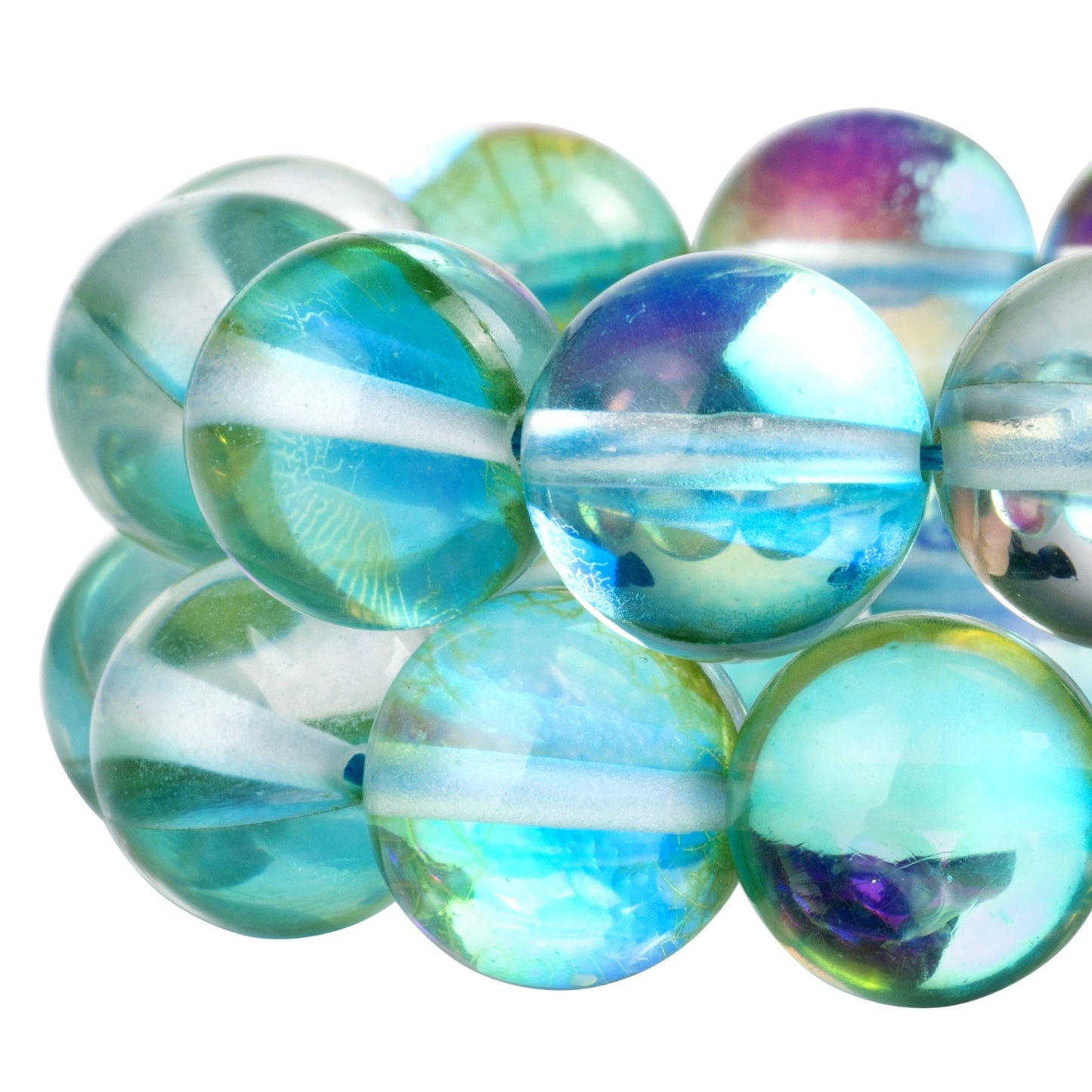 RUBYCA Round Moonstone Crystal Glass Beads Aura Iridescent for Jewelry Making (1 Strand, 10mm, Green)
