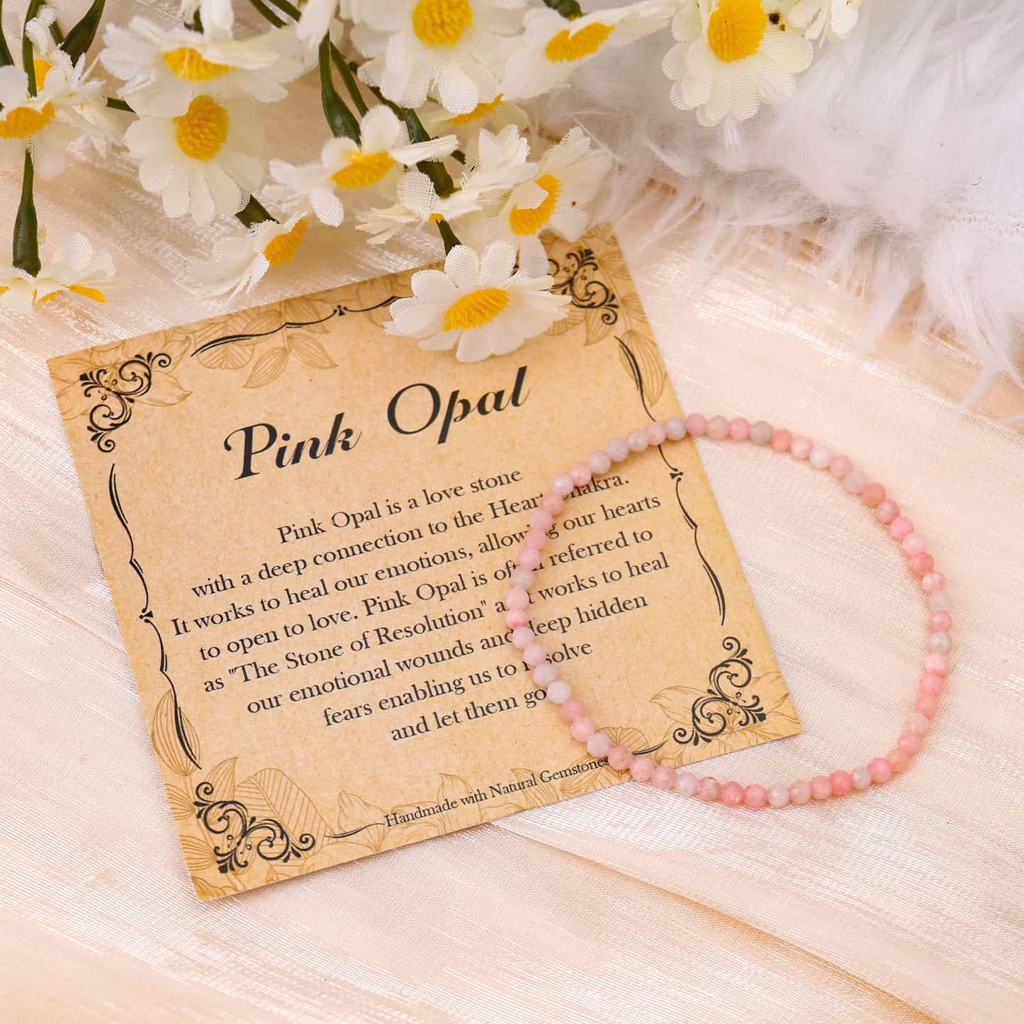 BONNY BOXX Natural Genuine Gemstone Faceted Round Beads Bracelets, 3mm Adjustable Stretchy Tiny Faceted Pink Opal Bracelet, Healing Crystal Reiki Chakra Dainty Jewelry Fashion Gifts