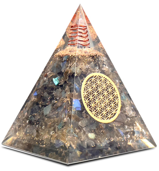 Labradorite Orgone Pyramid Handmade – Orgonite Crystal Pyramid with Copper Coil – Meditation Decor, Spiritual Desk Accent, Chakra Inspired Home & Office Gift