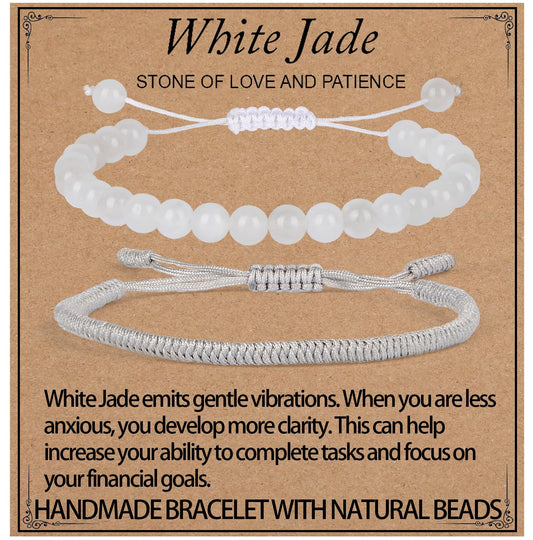 LPBeads 6mm White Jade Bracelet with Handmade Rope Bracelet Size Adjustable Natural Stone Crystal Healing Bracelets Gifts for Unisex Adults