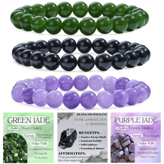 Bivei 3-Piece 8mm Beaded Bracelets for Women – Green Jade, Black Tourmaline, Purple Jade – Natural Crystal Handmade Stretch Jewelry for Meditation, Yoga & Protection Gifts