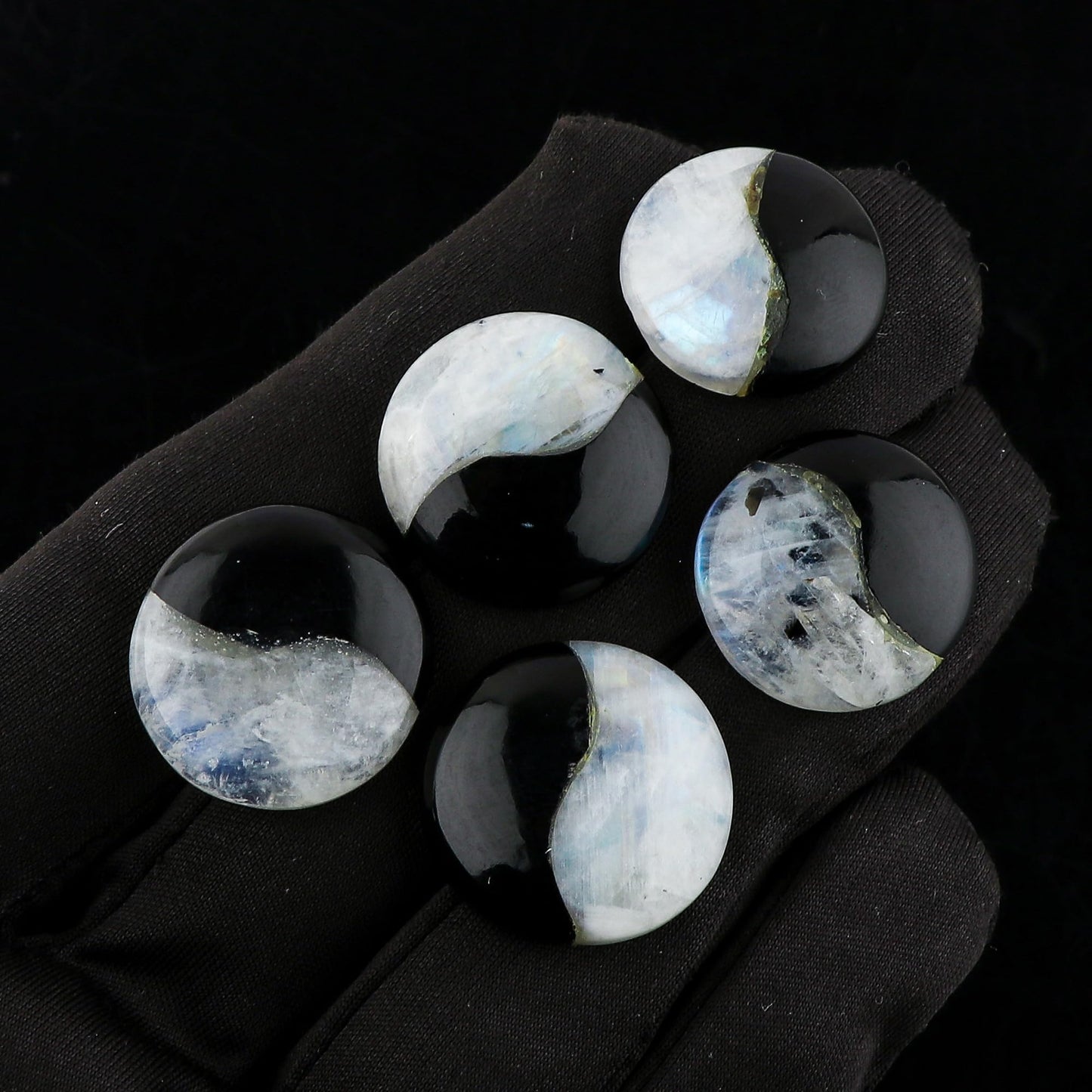 CRYSTALIS 5pcs Natural Moonstone & Black Agate, Ying Yang, Loose Gemstone Wholesale Bulk Cabochons Jewelry Making Supply, Chakra Healing Polished Stones, Wire Wrapping, DIY, Gem Collection, 20mm