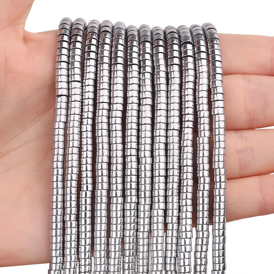 BONNY BOXX 150PCs Natural Silver Hematite Spacer Beads, Loose Semi Precious Flat Round Gemstone Heishi Disc Stone Beads for Beading Jewelry Making 4mm*2mm
