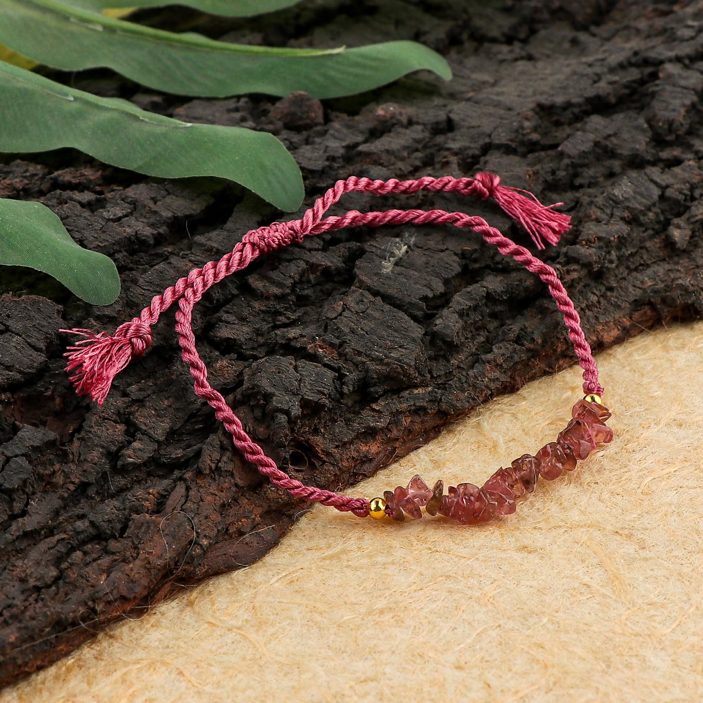 TGH Natural Pink Tourmaline Chips Braided Bracelet Spritual Healing Unisex Bracelet December Birthstone Hand Braided Gemstone Jewelry 7 inch Adjustable Christmas Gift (Pink Tourmaline)